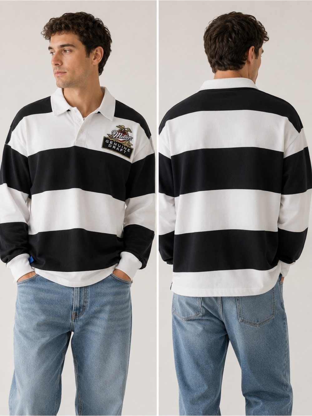 Vintage Miller Genuine Draft MGD Striped Rugby Polo Shirt - Size L